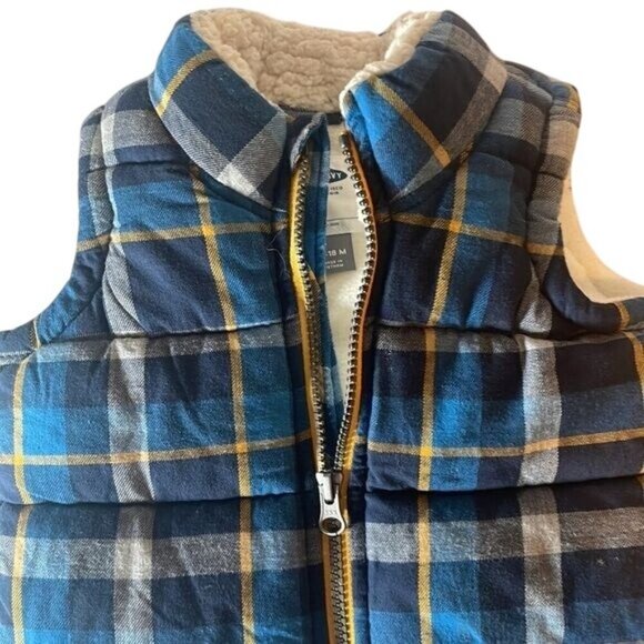 Old Navy Toddler Plaid Puffer Vest With Sherpa Lining Blue Yellow Size Boy 12M - Picture 5 of 8